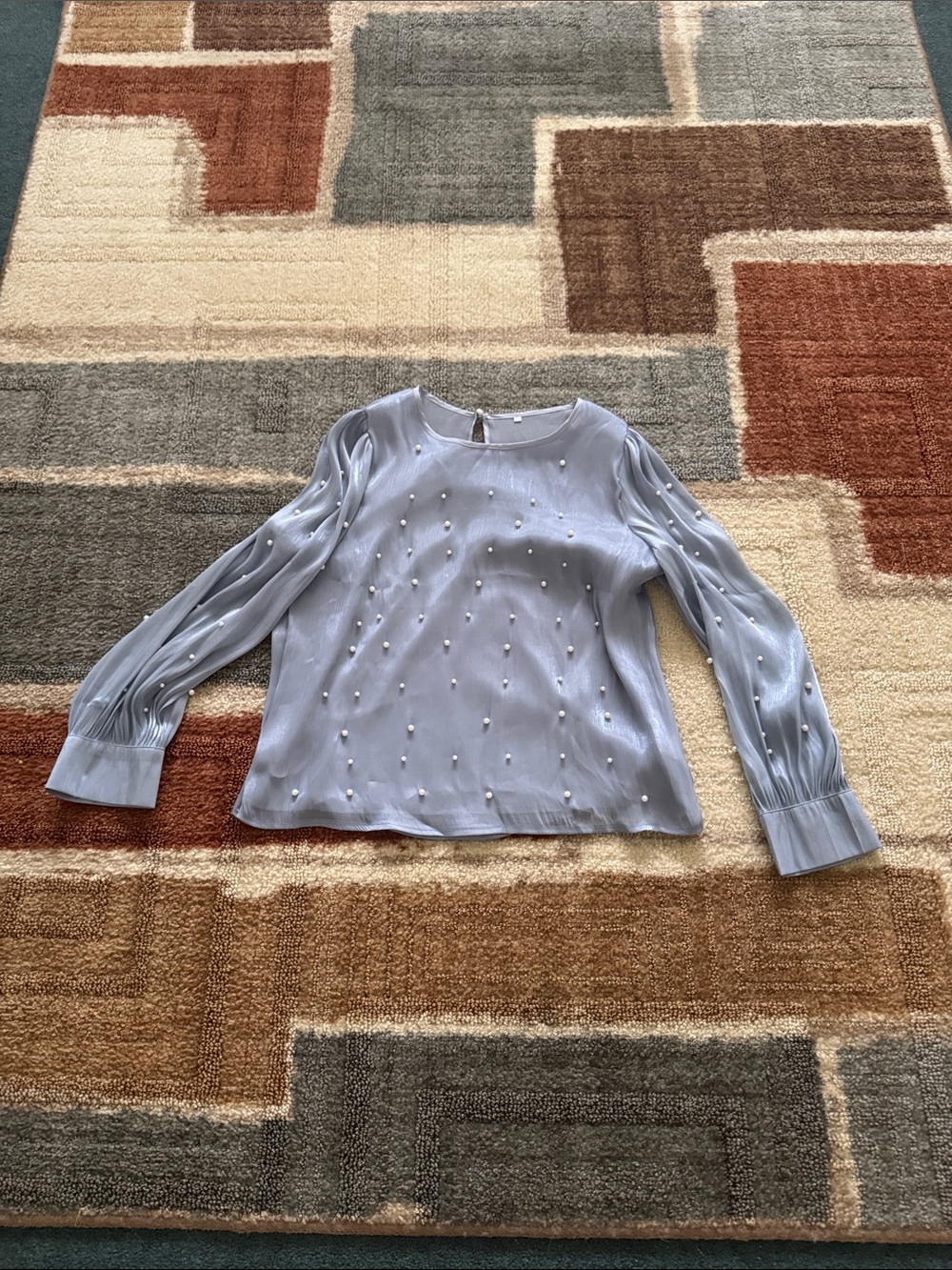 Pearl-Embellished Light Blue Long-Sleeve Blouse